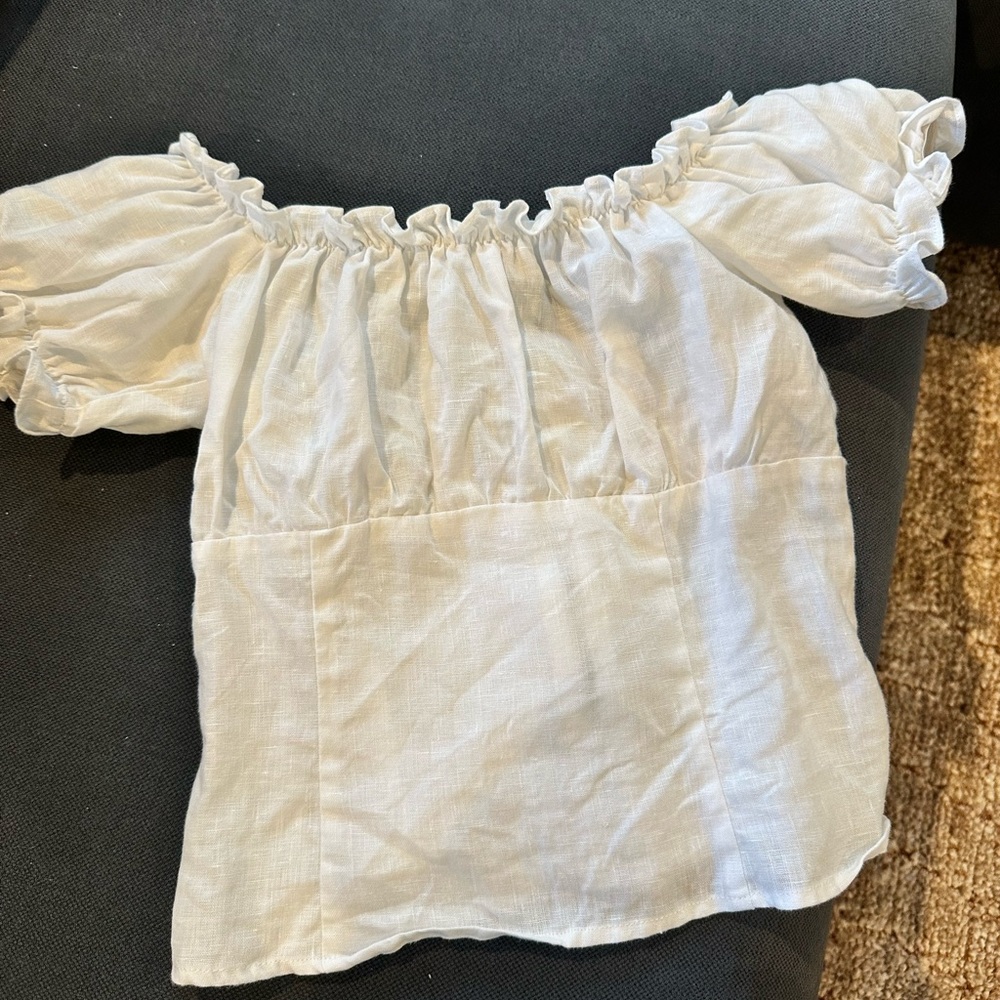REFORMATION white linen cropped gathered top 2